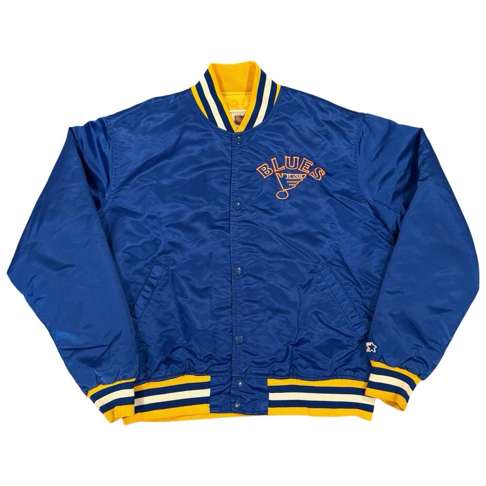 Vintage 80s Starter St Louis Blues Satin Bomber Jacket Sz L Made in USA NHL Blue